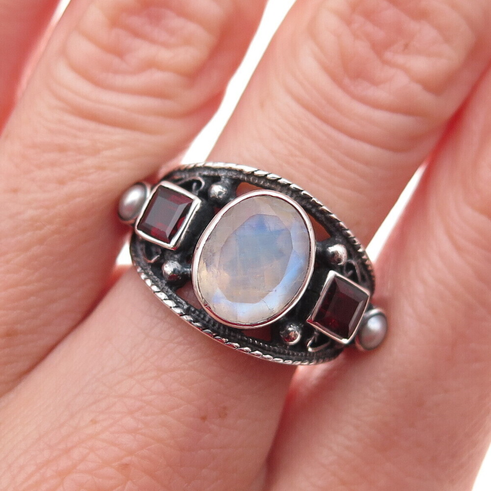 Nicky Butler 925 Sterling Silver Vintage Real Moonstone Garnet Pearl Ring Size 7